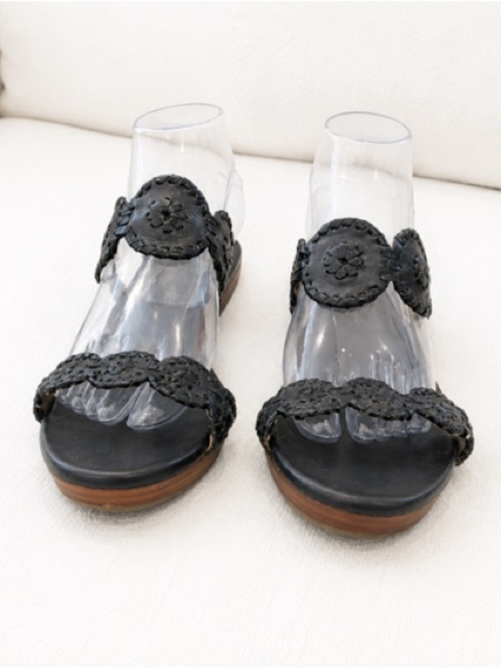 Jack Rogers Black Woven Leather Slide Sandals with Medallions